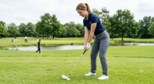 2 - Golfeur débutant à l'adresse avec un fer 7 de golf pour travailler son swing