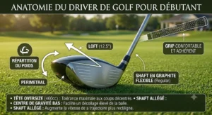 Schéma détaillé présentant les composants essentiels d'un driver de golf pour joueur débutant