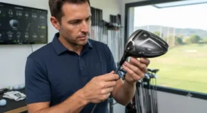Giocatore di golf che analizza la testa e lo shaft di un driver da golf