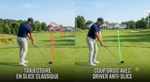 Comparatif entre une trajectoire en slice et un coup droit realise avec un driver anti-slice.