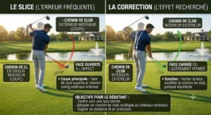 Schéma comparatif pour corriger l'effet de slice très fréquent chez le joueur de golf débutant au driver