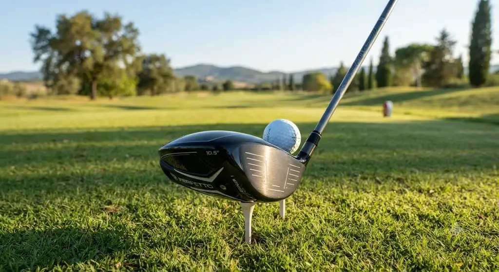 Driver da golf ideale per principianti posizionato sul tee di partenza in campo