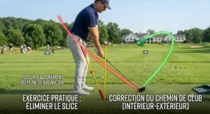 Exercice pratique au practice de golf pour eliminer le slice au drive grâce a un tuteur.