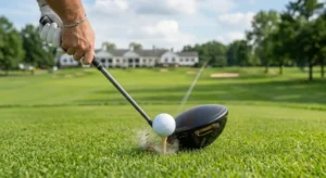Vue rapprochee de l impact entre la balle et la face de club d un driver anti-slice de golf.