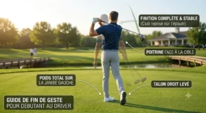 Dessin de la position de finition équilibrée après un coup réussi avec un driver de golf pour débutant