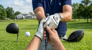 Illustration du grip anti-slice au driver de golf montrant la position forte des mains pour fermer la face de club.