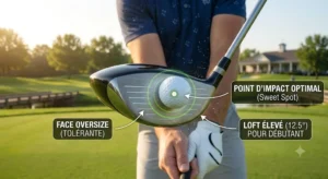 Illustration du point d'impact optimal au centre de la face du club sur un driver de golf pour débutant