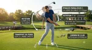 Décomposition du mouvement de rotation du corps pendant le backswing au driver de golf pour débutant