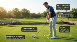 Guide visuel de la posture à l'adresse et de l'alignement de la balle pour frapper avec un driver de golf débutant