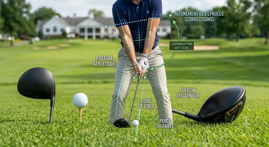 Schéma de la posture d un golfeur et de l alignement des epaules au drive pour corriger le slice.