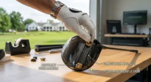 Ajustement des poids amovibles sur la semelle d un driver de golf anti-slice favorisant le draw.