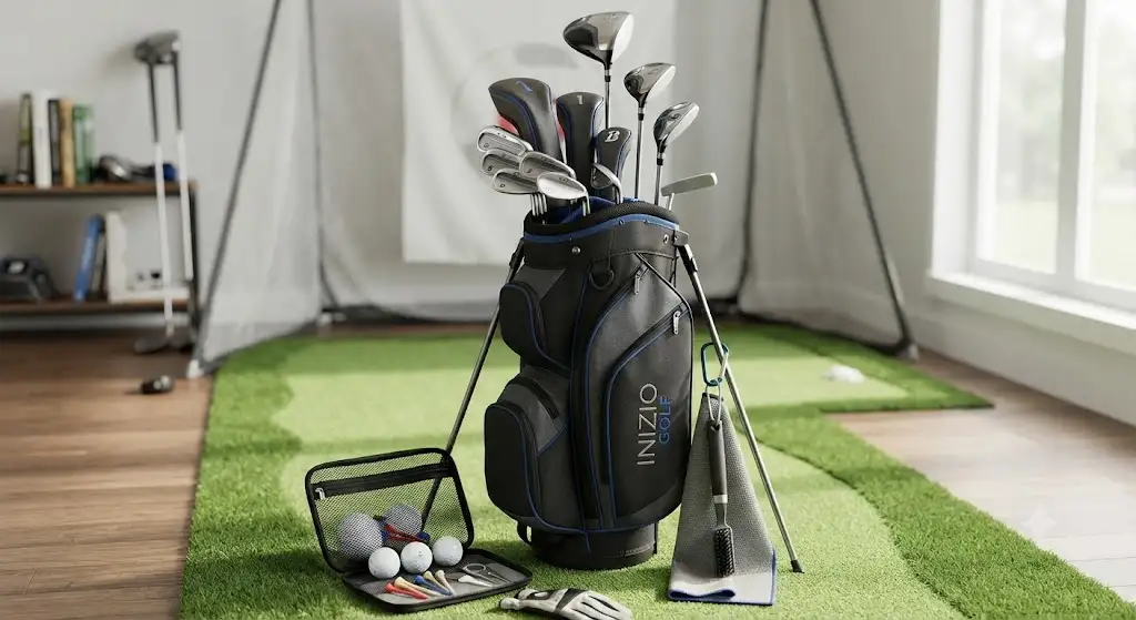 Set da golf principianti completo di sacca, mazze essenziali e accessori per iniziare a giocare.