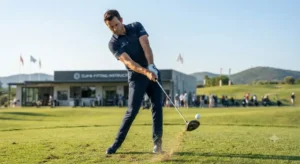 Golfer professionista durante l'impatto con la palla usando un driver da golf