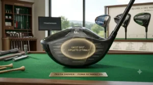 Dettaglio della testa di un driver da golf con indicazione della zona di impatto ottimale