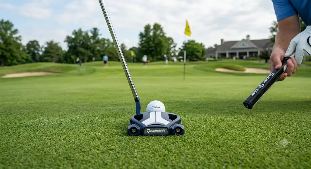 putter maillet golf posé sur un green de pratique à l'adresse