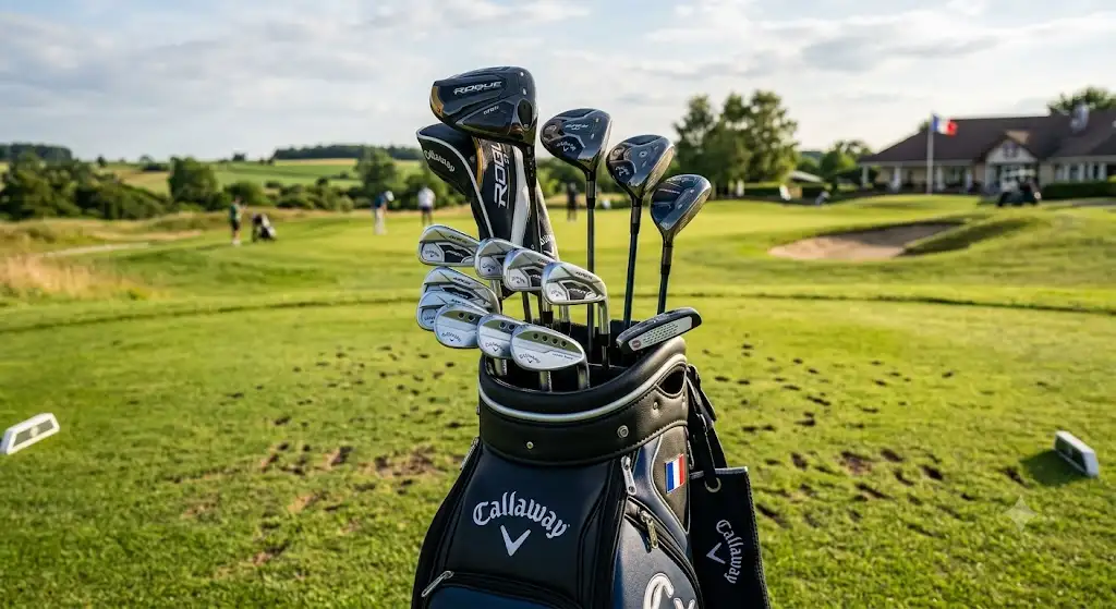 Série complète de clubs de golf Callaway disposée dans un sac de golf haut de gamme sur le parcours