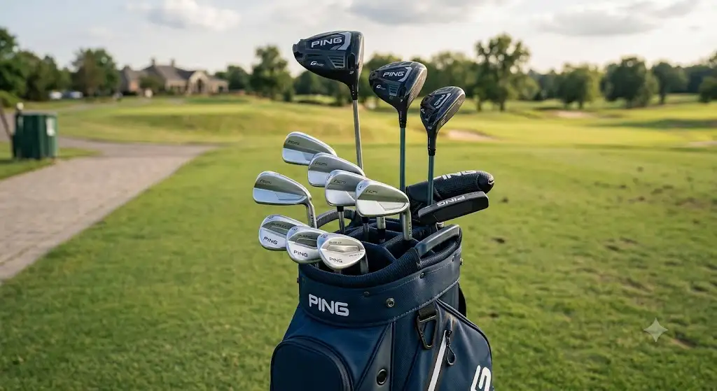 Série complète de clubs de golf Ping disposée dans un sac de golf