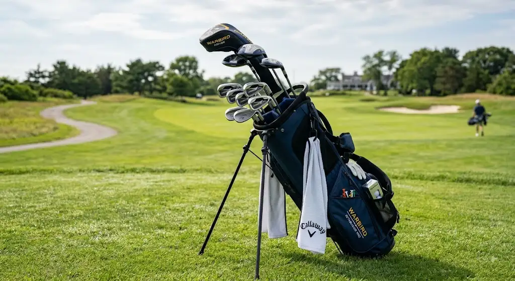 Kit complet de clubs de golf pour débutants disposé dans un sac trépied sur le parcours.