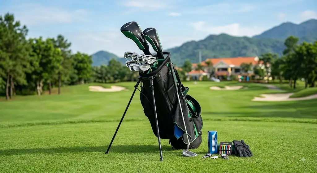 Vue d'ensemble d'un kit de golf complet débutant comprenant des clubs, un sac trépied et des accessoires.