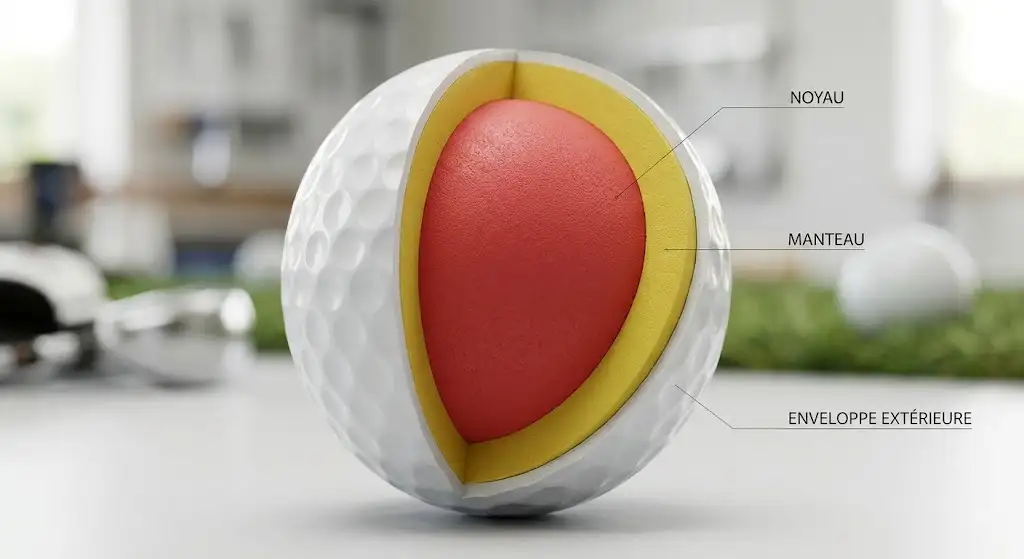 Vue en coupe schématique montrant les trois couches internes d'une balle de golf 3 pièces.
