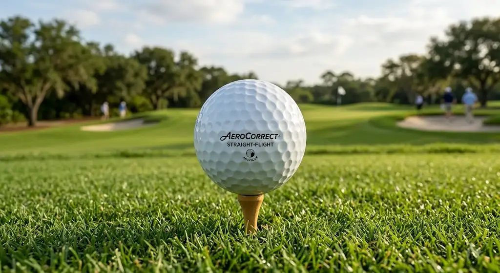 Gros plan sur une balle de golf anti-slice montrant le motif aérodynamique des alvéoles pour réduire les effets latéraux