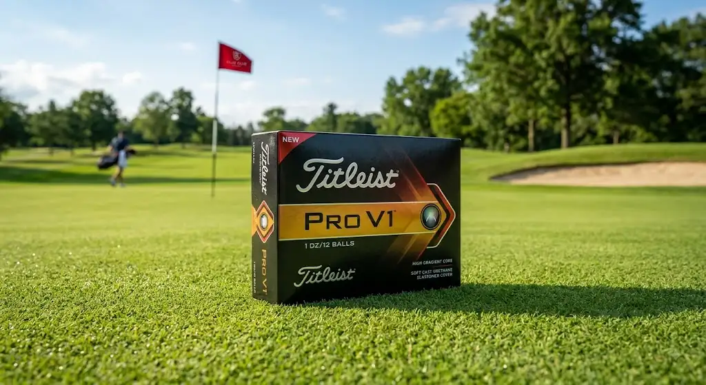 Boîte de douze balle de golf Titleist Pro V1neuves posée sur un green