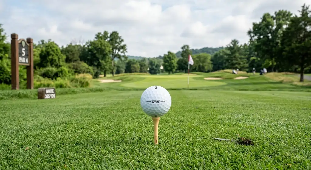 Balle de golf TaylorMade TP5 blanche posée sur un tee de départ avec le logo visible