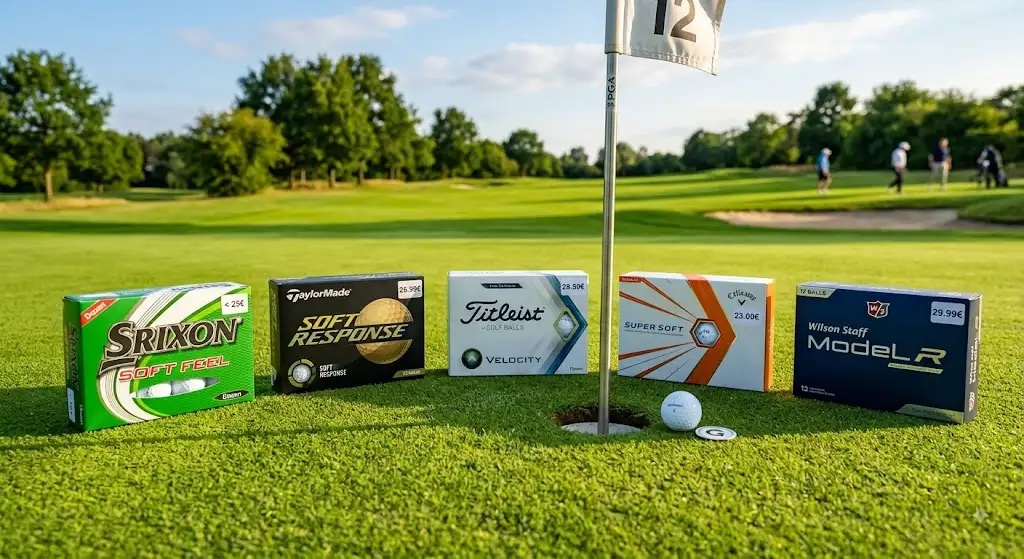Sélection et comparatif des meilleures balles de golf à moins de 30 euros la douzaine disposées sur le green