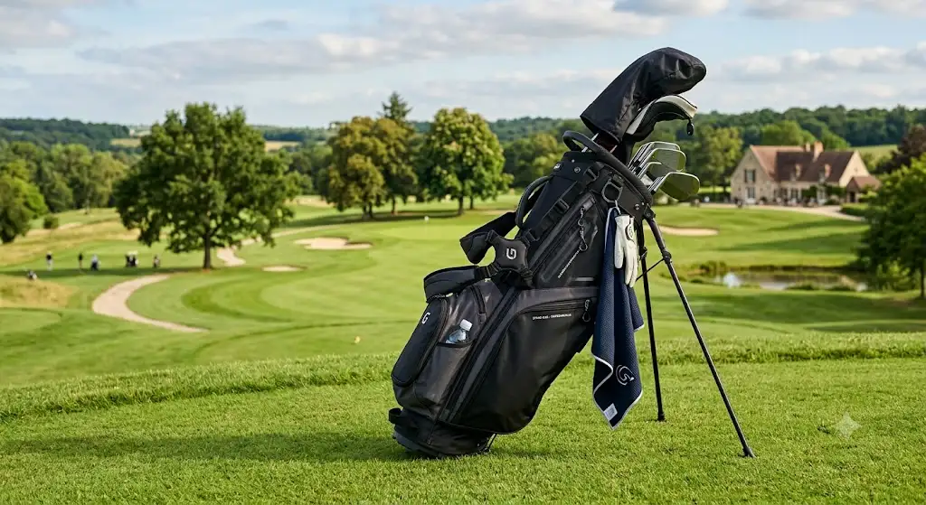 Sac de golf trépied stand bag élégant posé sur un parcours de golf verdoyant en France