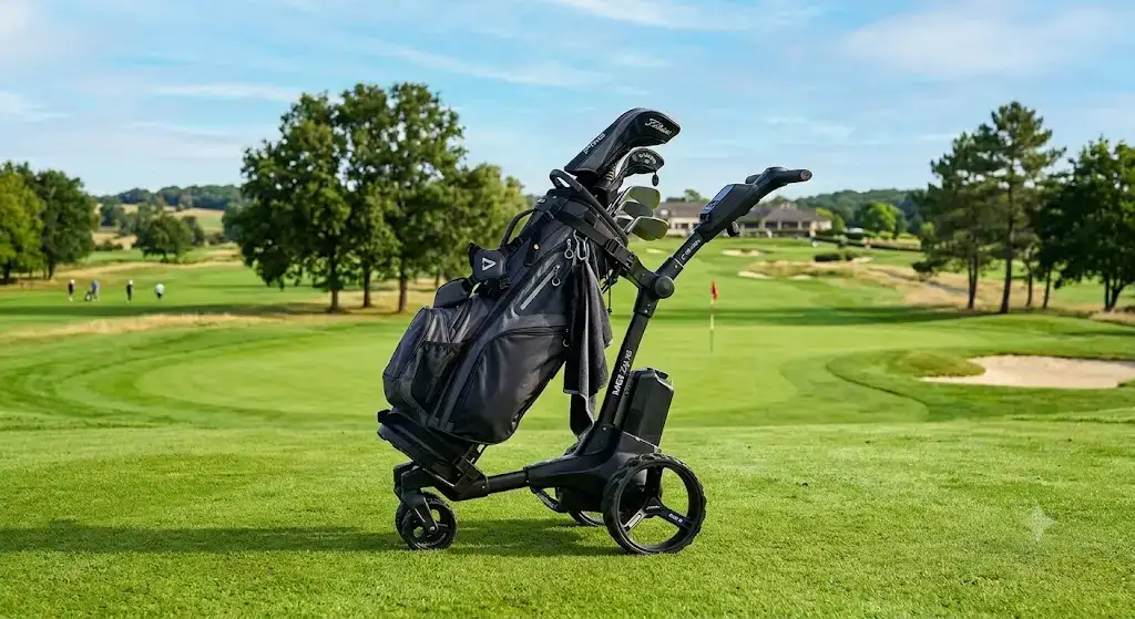 Chariot de golf électrique pliable noir avec sac installé sur le fairway d'un parcours français