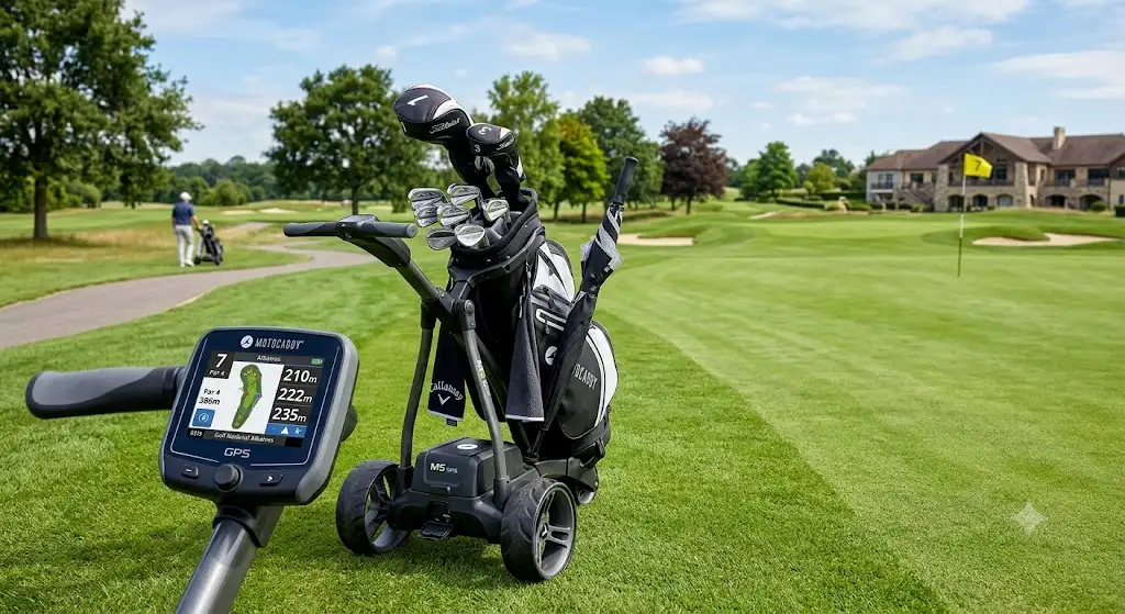 chariot de golf électrique GPS intégré sur le fairway d'un parcours en France