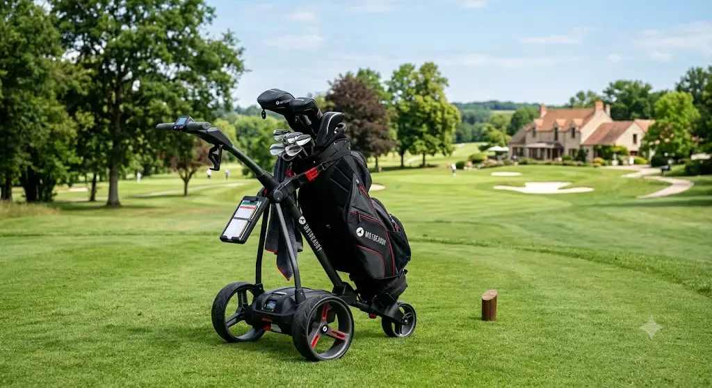 Chariot électrique Motocaddy déplié avec sac de golf sur le fairway d'un parcours français
