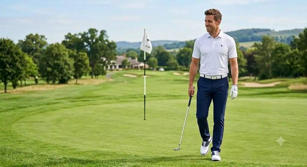 Joueur sur le green portant un polo de golf homme blanc à coupe ajustée et respirant