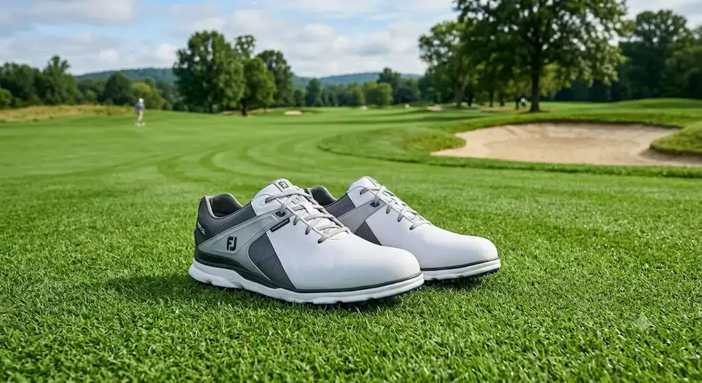 Paire de chaussures de golf FootJoy pour homme imperméables posée sur le fairway d'un parcours en herbe