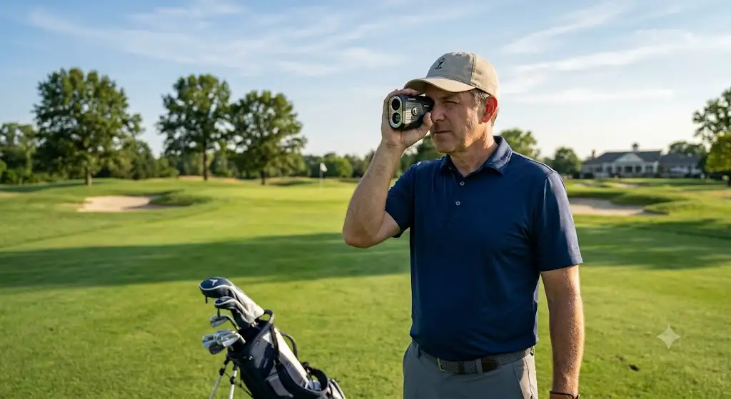 Golfeur utilisant un télémètre laser golf avec slope pour mesurer la distance ajustée sur le parcours.