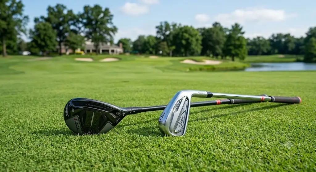 A side-by-side comparison illustrating a hybride golf remplacement longs fers setup on a green.