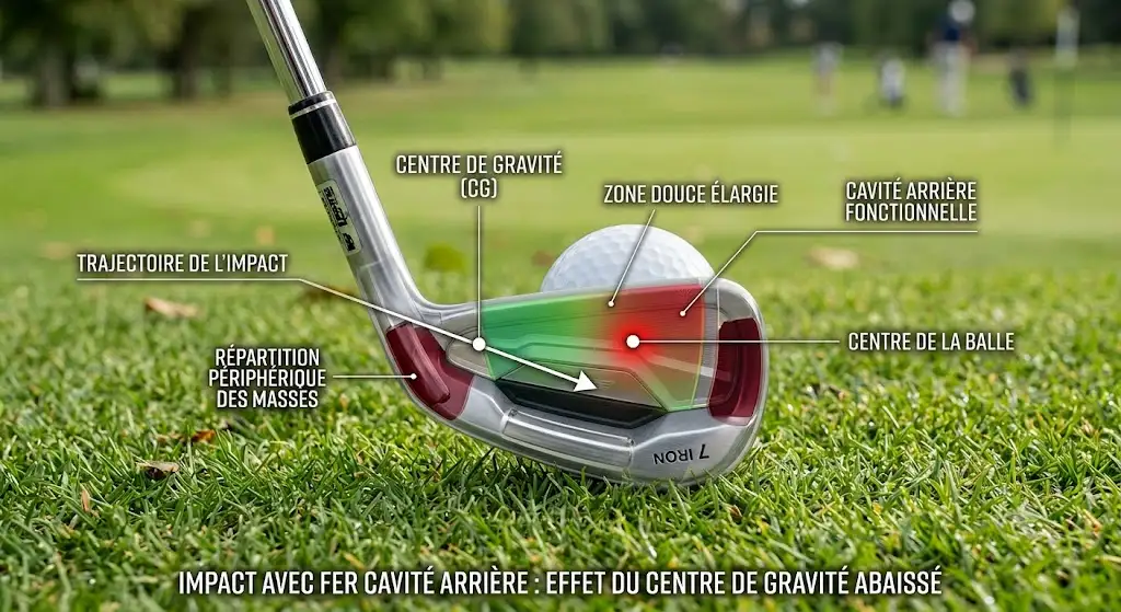 Illustration of a golf club with a fers cavité arrière head showing its forgiving head