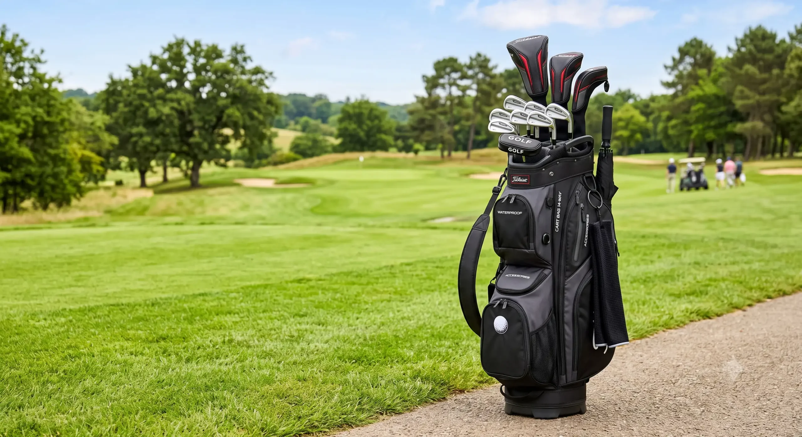 Sac de golf chariot cart bag polyvalent posé sur le parcours de golf avec compartiments pour clubs