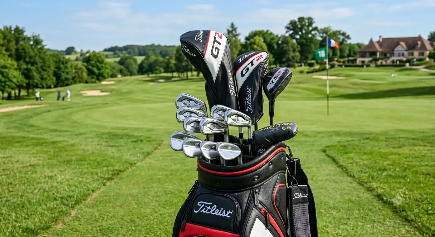 Gamme complète de clubs de golf Titleist présentés dans un sac sur un parcours