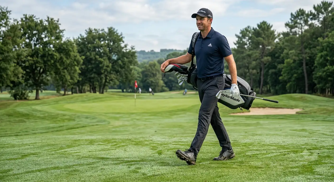 Joueur sur le parcours portant les meilleures chaussures de golf à spikes pour homme sur herbe humide