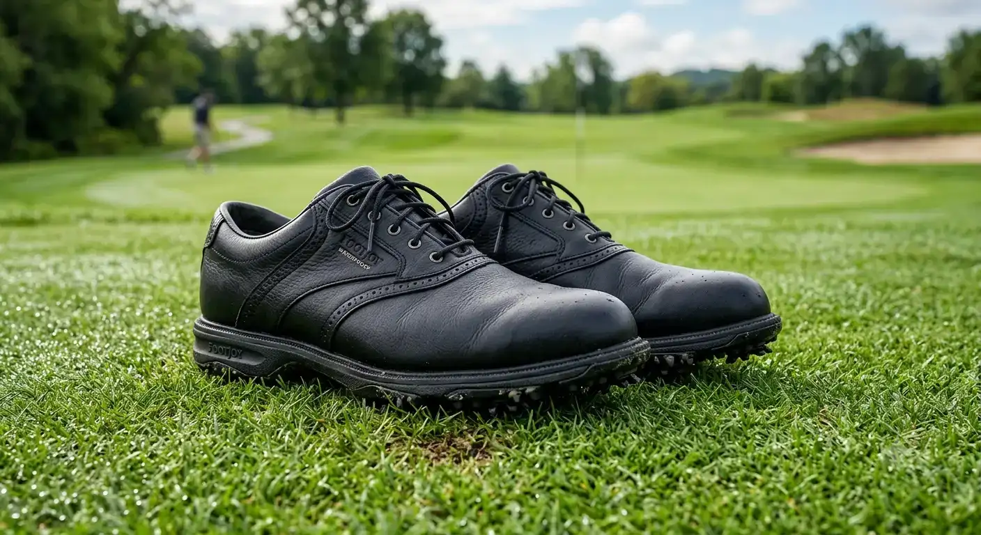 Paire de chaussures de golf imperméables en cuir noir pour homme sur un fairway humide.