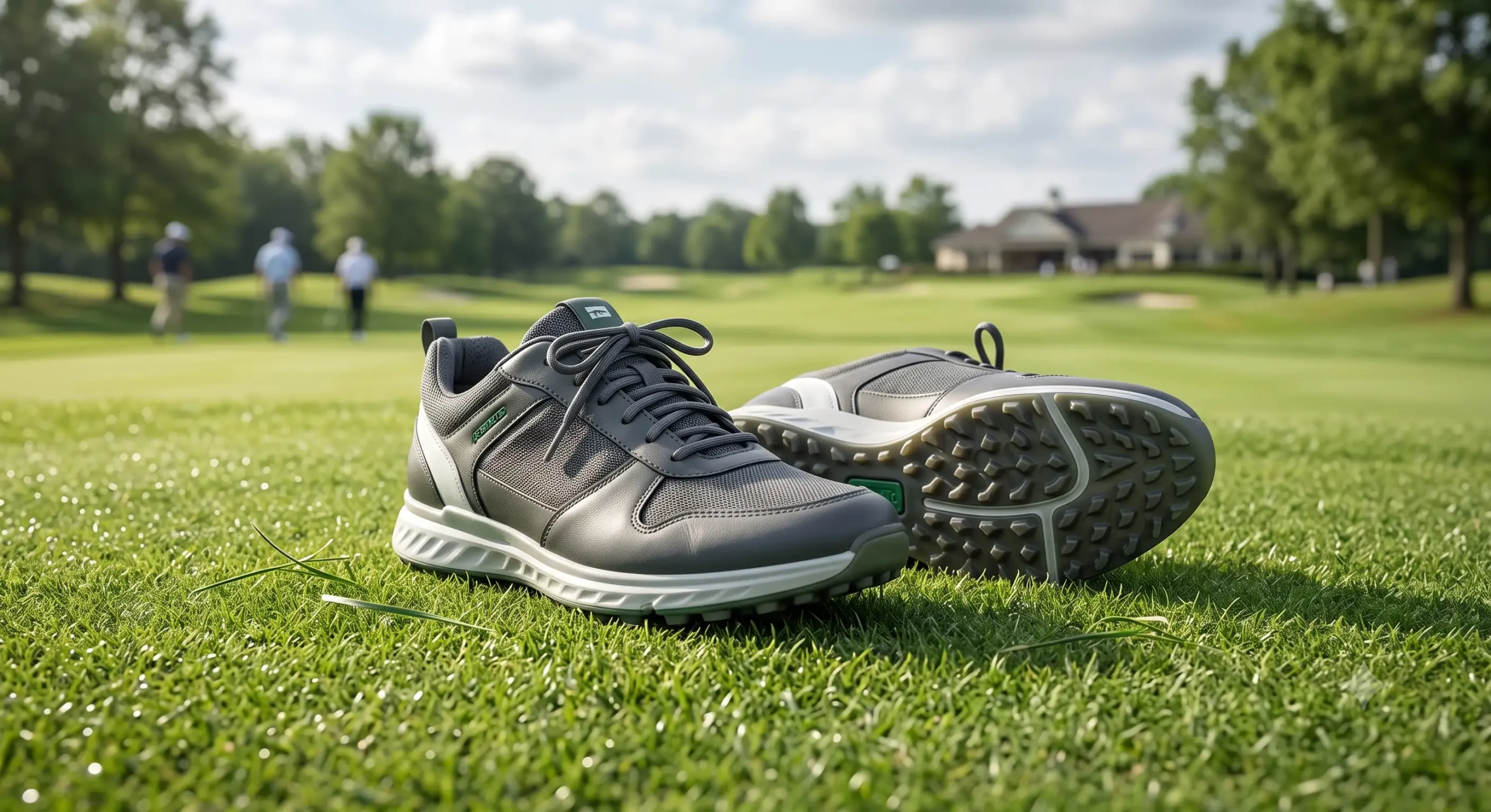 Paire de chaussures de golf sans spikes spikeless posée sur le fairway d'un parcours de golf