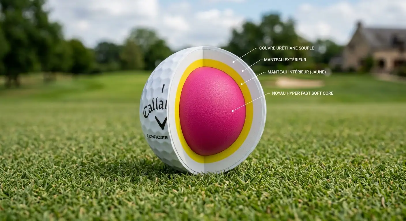 Coupe transversale de la balle de golf Callaway Chrome Soft révélant la structure interne du noyau Hyper Fast Soft Core.