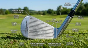 Illustrazione dettagliata dell anatomia della testa di un ferro da golf con indicazione di scanalature e loft