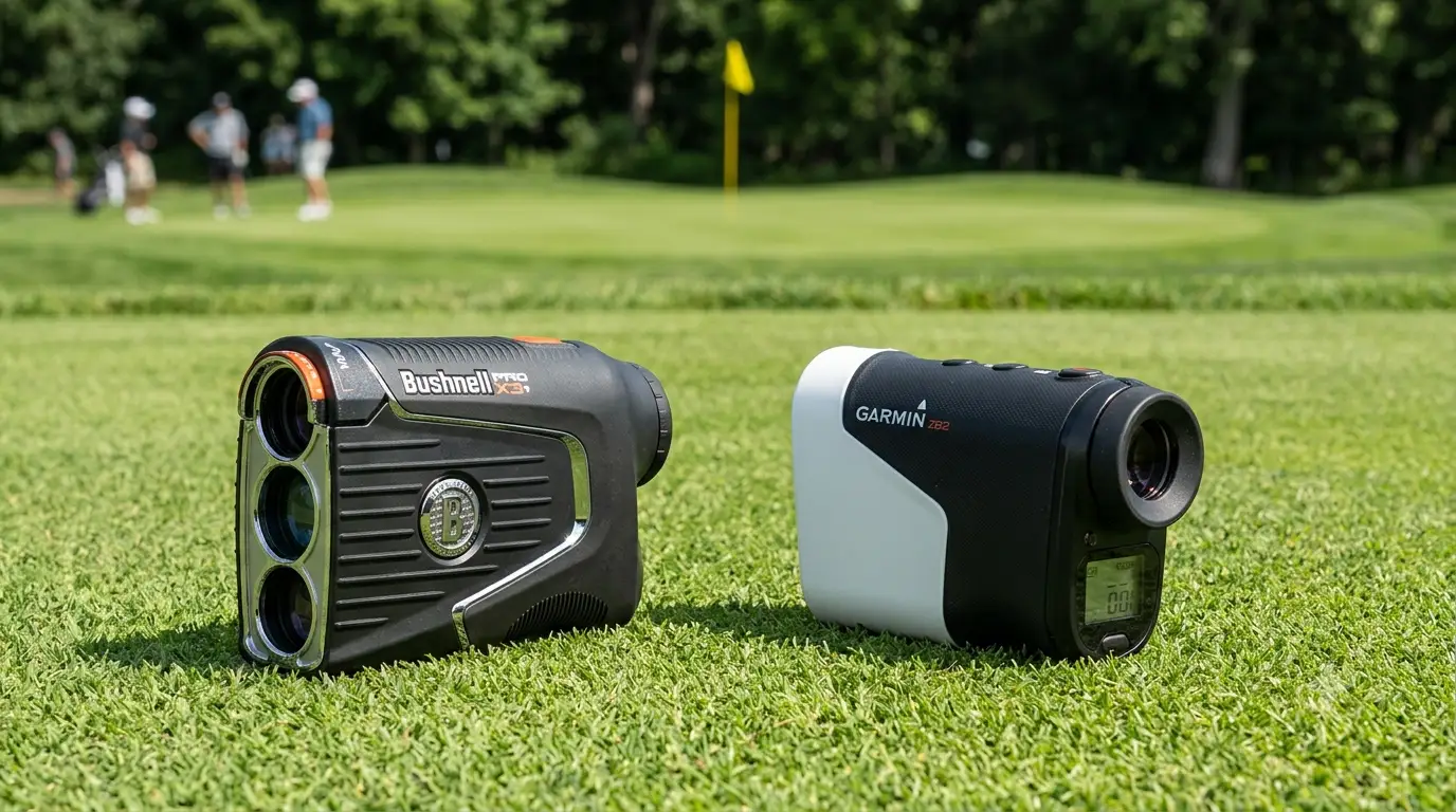 Confronto tra telemetro laser Bushnell e dispositivo GPS Garmin su un campo da golf soleggiato per la misurazione della distanza