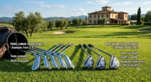 Illustrazione comparativa tra ferri da golf lunghi tradizionali e bastoni ibridi da fairway