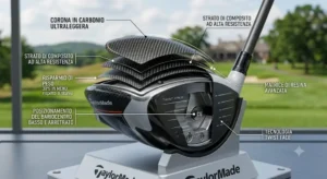 Schema tecnico della corona ultraleggera in carbonio di un driver TaylorMade da golf