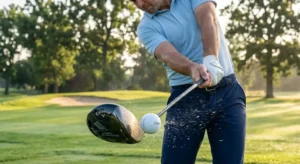 Momento dell'impatto tra la faccia del driver Callaway e la pallina da golf al massimo dello swing.