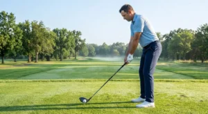 Giocatore di golf pronto al tiro con un driver Callaway posizionato dietro la pallina sul tee box.