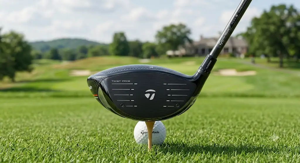 Illustrazione del driver TaylorMade da golf con vista frontale della testa e finiture in carbonio